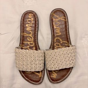 Sam Edelman cream and gold slide sandals, size 8.